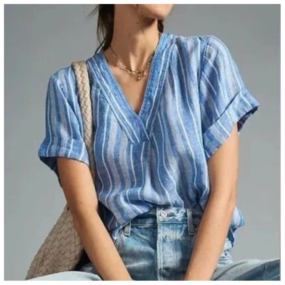 Pilcro Linen Henley Surf Shirt Top Size XS Blue White Stripe Short Sleeve Casual